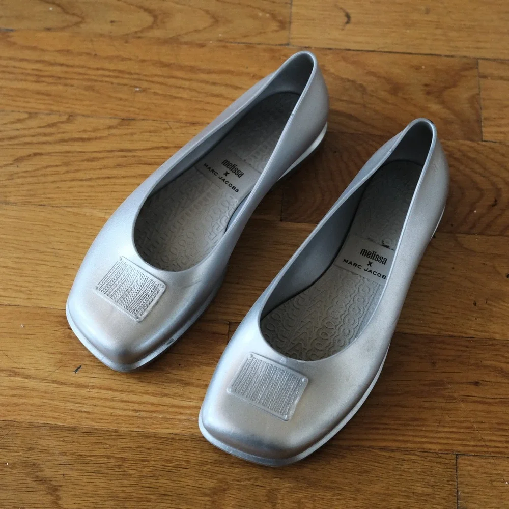 Marc Jacobs Melissa Ruby Ballerina Flats Silver Square Toe Melflex Shoes Size 9